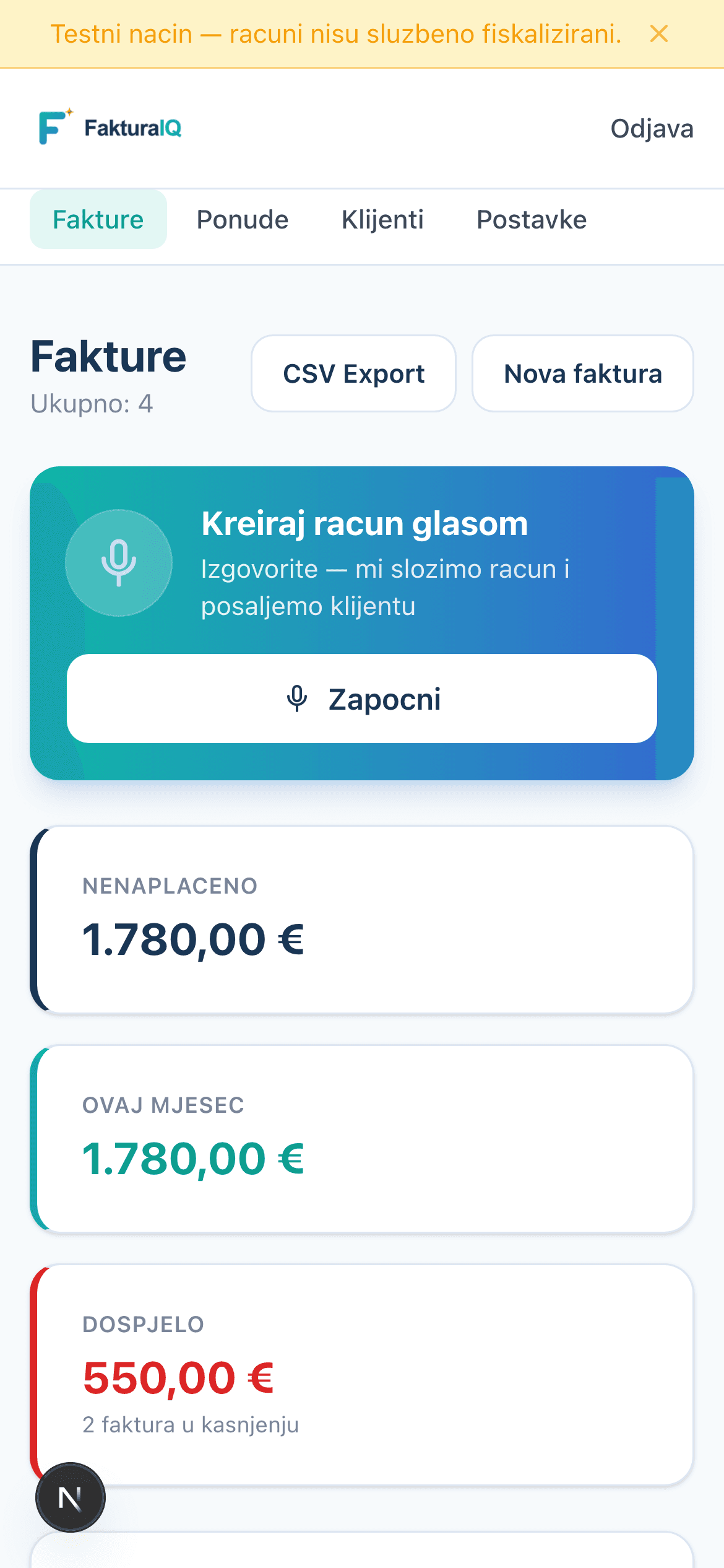 Zaslon aplikacije FakturaIQ — popis računa